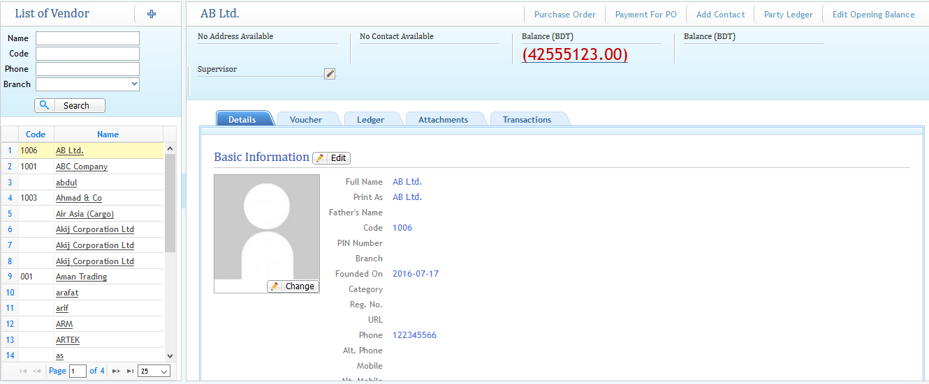 Specific Vendor Profile Page